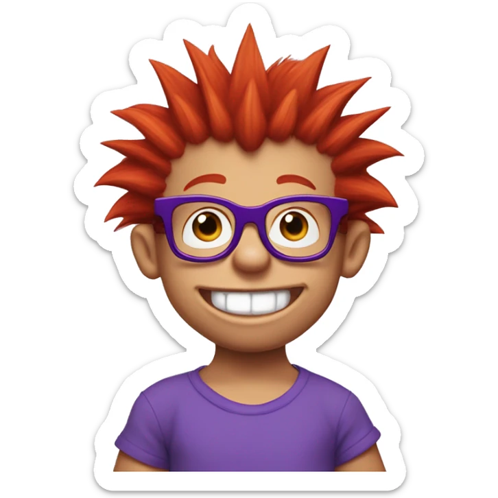 Rugrats, a red-haired baby with spiky hair and only 2 front teeth wearing purple square glasses and a blue shirt with red trim sticker