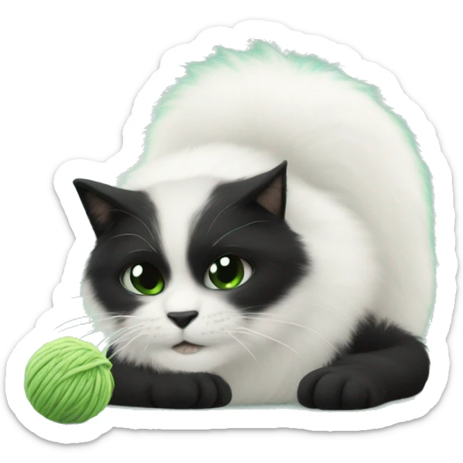 Gato blanco y negro peludo jugando con un ovillo de lana verde sticker