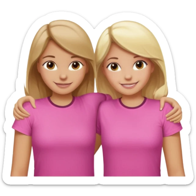 Two Girls with their arms around each other at summer camp one blonde one brown hair wearing pink shirt smiling  sticker