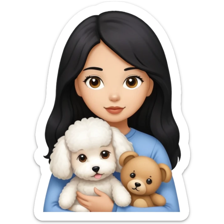 A girl with long black hair holding a Bichon and a Teddy dog sticker