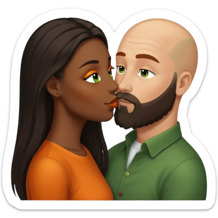 Brown eyed black women with long balayage brown/black hair.  She is kissing bald white man. The White man is 47yrs old, pale, green eyes has orange facial hair and long beard. They are having an intimate moment between lovers sticker