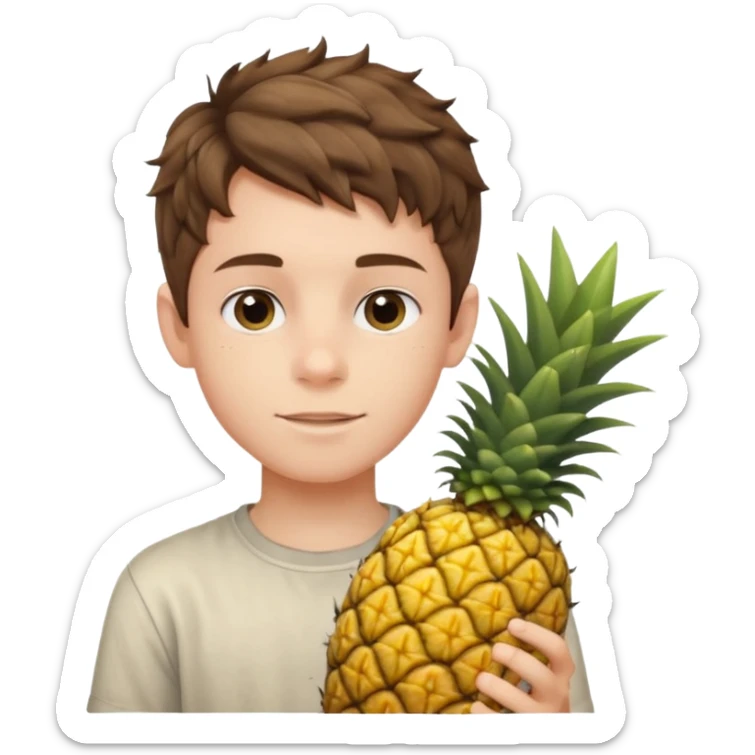 Pale young teenage boy with short wavy brown hair holding pineapple sticker