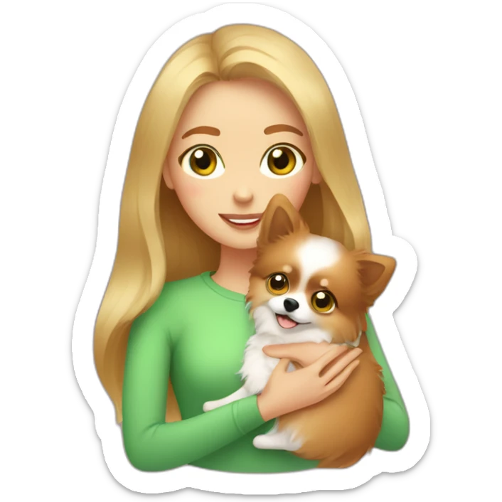 highlighted hair girl with green eyes, hugs her pomeranian dog, red sticker