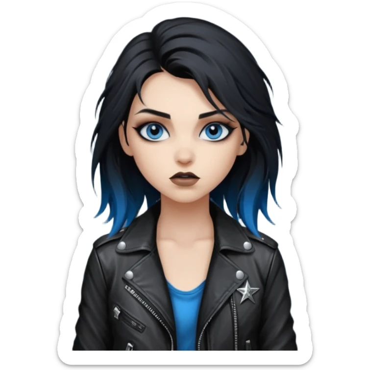 
 rockstar girl with long total black disheveled hair, blue eyes, Smokey eyes rockstar grunge makeup, rocking  sticker