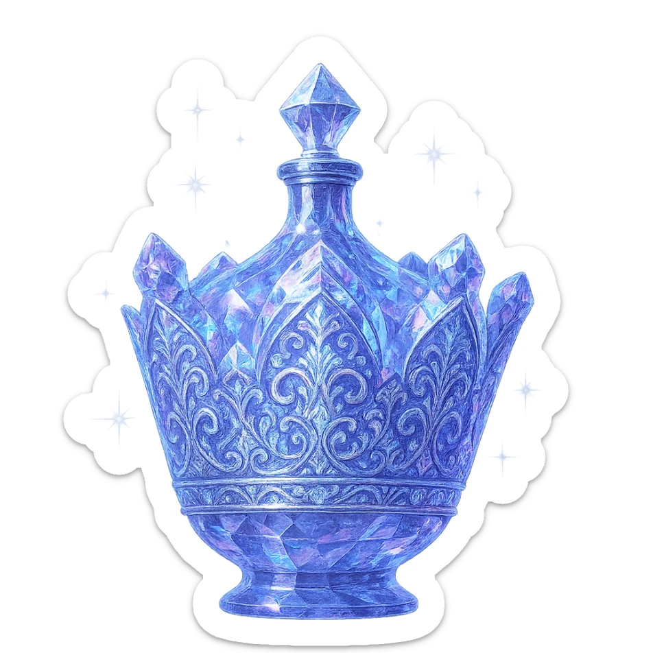 išskirtinai prabangus eliksyro buteliukas, karūnėlės forma, kuri aiškiai veikia kaip buteliukas, spalva #7986cb, daugiasluoksniai holografiniai ir sidabriniai ornamentai, kristalo tekstūra, daug magiškų švytėjimų ir žėrėjimo, šviesos spinduliai, labai mažas kaklelis, dailus vientisas dugnas, skaidrus fonas, buteliukas aiškiai plūduriuoja ore, be pagrindo ar šešėlio, nestovi, modernus, kolekcijai tinkamas, ypatingai gražus sticker