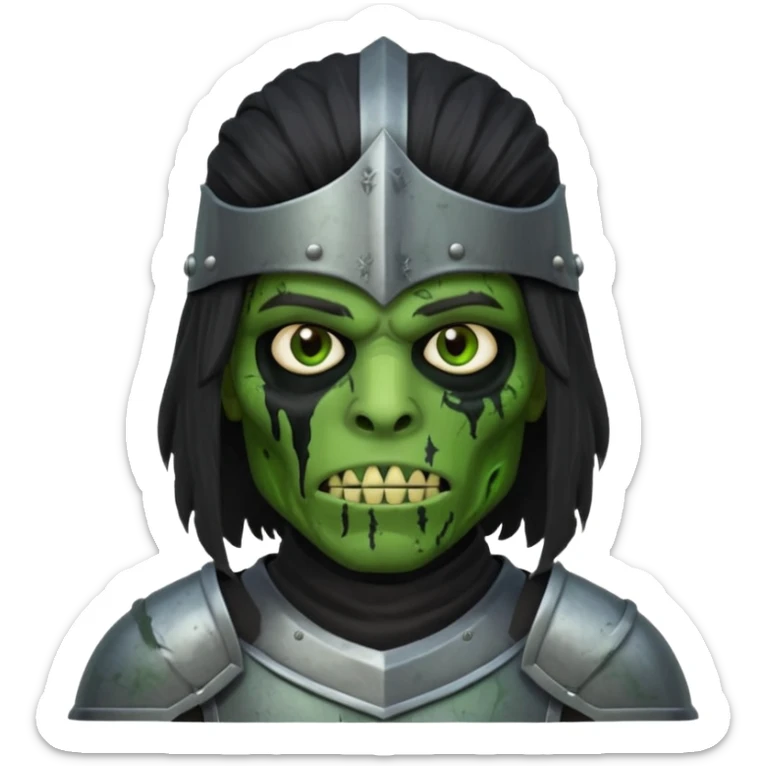 A black male with long black rough hair wearing a knight helmet with green zombie skin  sticker