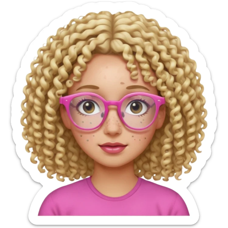 Innocent blonde woman with black eyes, perm curly hair and light skin and pink glasses and freckles  sticker