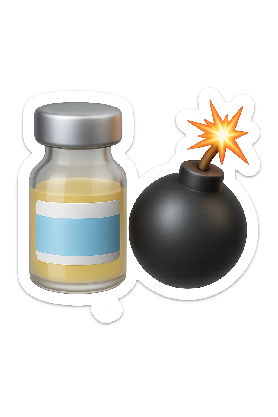 emoji stile iphone 3d di una fiala medica con una bomba vicino, fluttuano in aria insieme, FALLO MOLTO REALISTICO IN 3D sticker