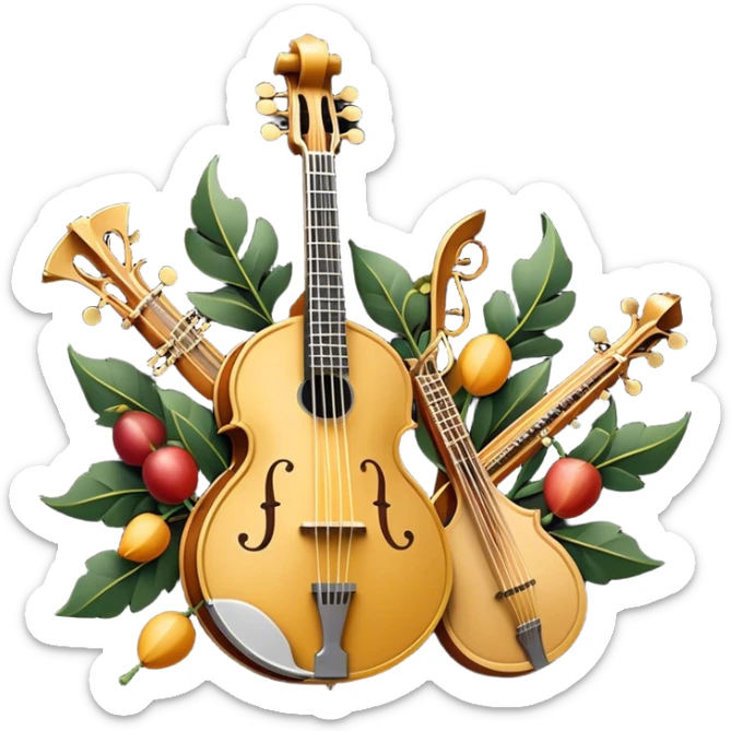 Design a sophisticated and festive emblem-like emoji representing plucked and stringed instruments. The layout should resemble a heraldic crest, featuring iconic instruments like a banjo, mandolin, domra, and sitar, artistically arranged in an elegant and symmetrical way. The necks of the instruments should be intertwined with a flowing ribbon of musical notes, winding around the strings and fretboards. The design should be detailed, showcasing the intricate carvings on the instruments, visible strings, and fret markers. Use a rich color palette with deep golds, browns, and vibrant accents to evoke a sense of luxury and celebration. The musical notes should appear to float around the instruments, connecting them in a graceful, dynamic way. Include ornate flourishes or decorative elements like laurels, swirls, or subtle engravings to give the image a professional, emblematic appearance. The background should be transparent. sticker