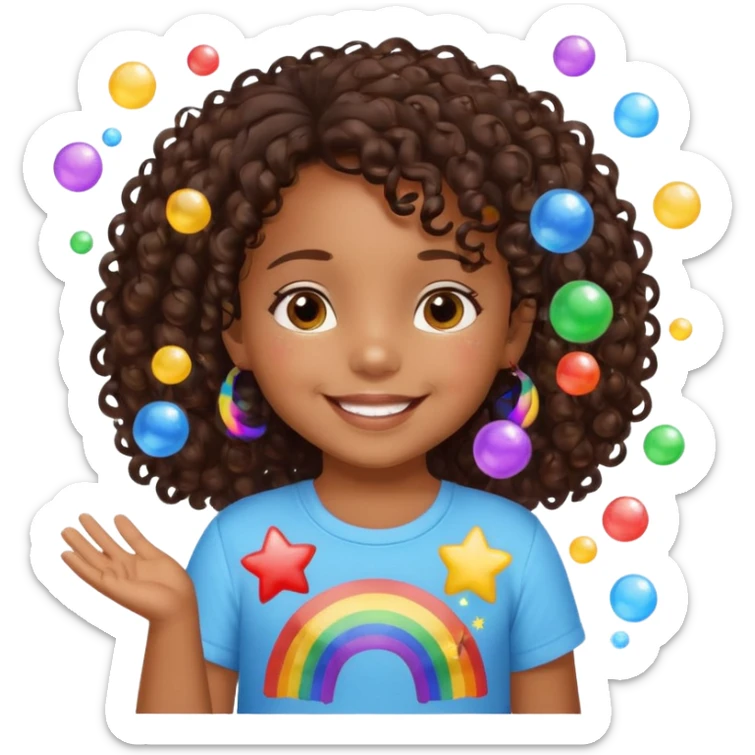 a little 3 year old girl brown skin with dark curly hair smiling with a shirt spelling “z’nié” with rainbows and bubbles and stars in the background sticker
