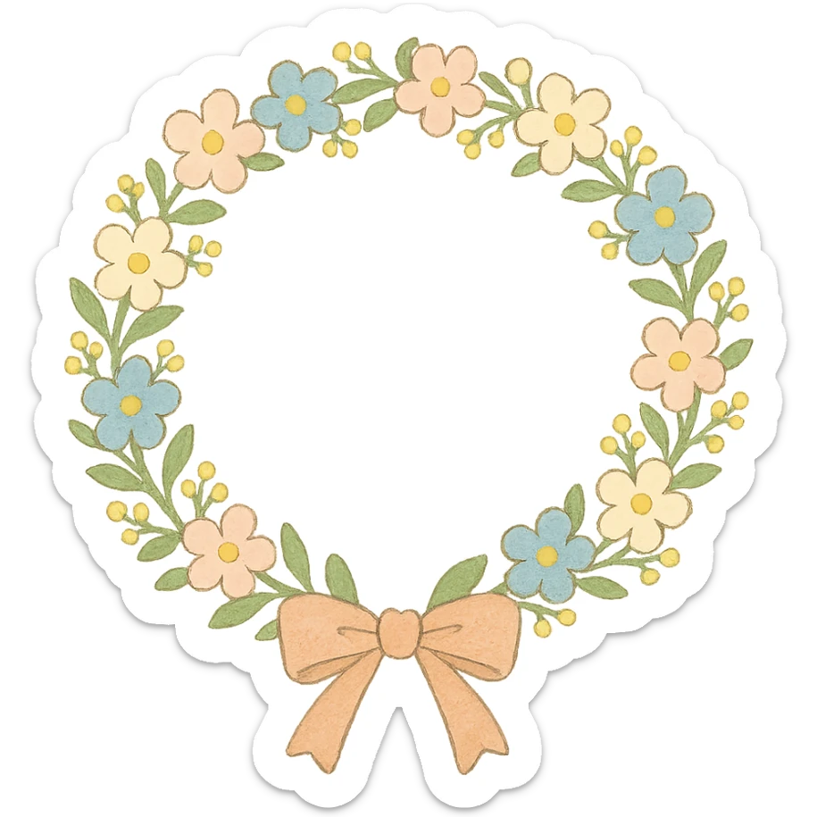a floral wreath made of small pastel flowers with a gentle bow, Japanese hand-drawn, full object, transparent background sticker