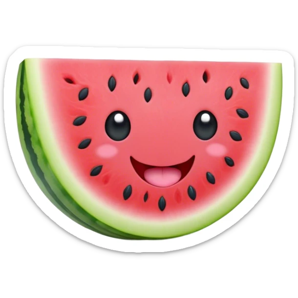 Cute Kawaii Watermelon Slice, juicy and vibrant, soft pastel green rind with pink flesh, tiny black seeds shaped like hearts, an adorable happy face with cute round eyes, bursting with summer energy! sticker