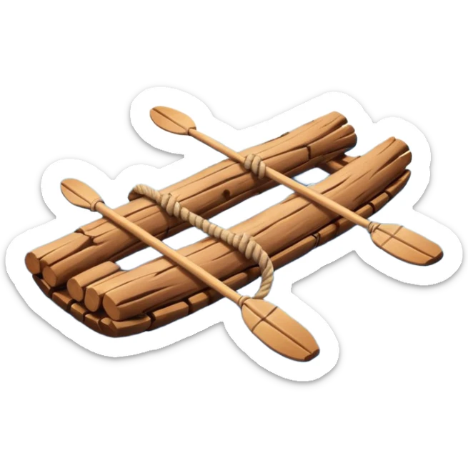 showing a simple wooden raft floating on calm blue water — made of several brown logs tied together with rope — gentle ripples around it — bright, cheerful lighting and soft shadows — minimalist, clean emoji design sticker