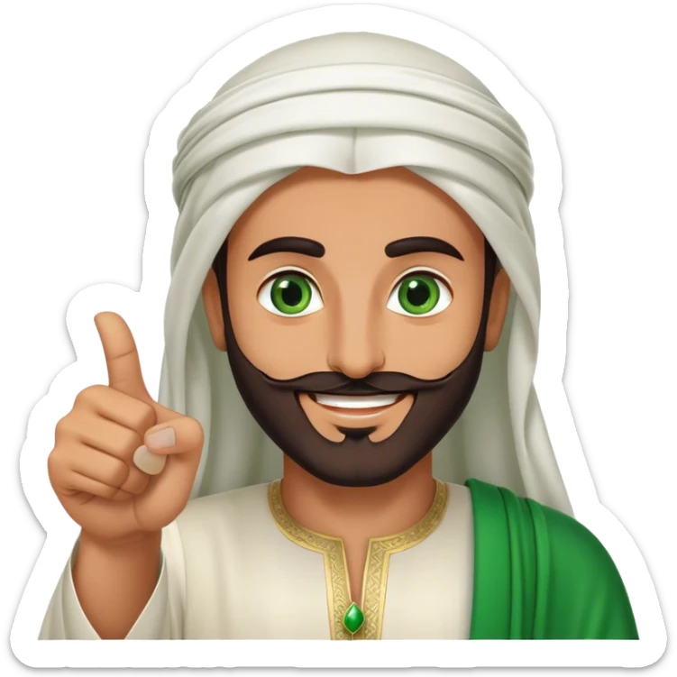 "Tanned Arab Saudi man with green eyes and a beard, wearing an agal and traditional attire, smiling happily and giving a big thumbs-u sticker