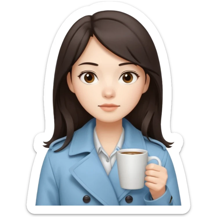 Mei – Cewe Kalem Kulit putih halus, rambut coklat gelap panjang lurus rapi, belah samping. Pakai trench biru muda sambil cangkir kopi, ekspresi tenang sticker