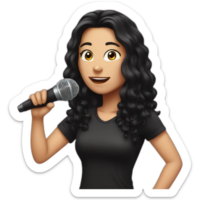 Caucasian woman with long black hair and pink highlights, with a microphone singing, wearing a black t-shirt sticker