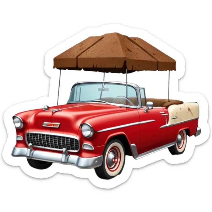 1955 Chevrolet Bel Air Convertible, Red-White color, with a bucket of brown mud pouring down on it, and the car itself is covered in brown mud on the sides that has stuck. 32x32 pixels, aspect ratio: 1:1 sticker