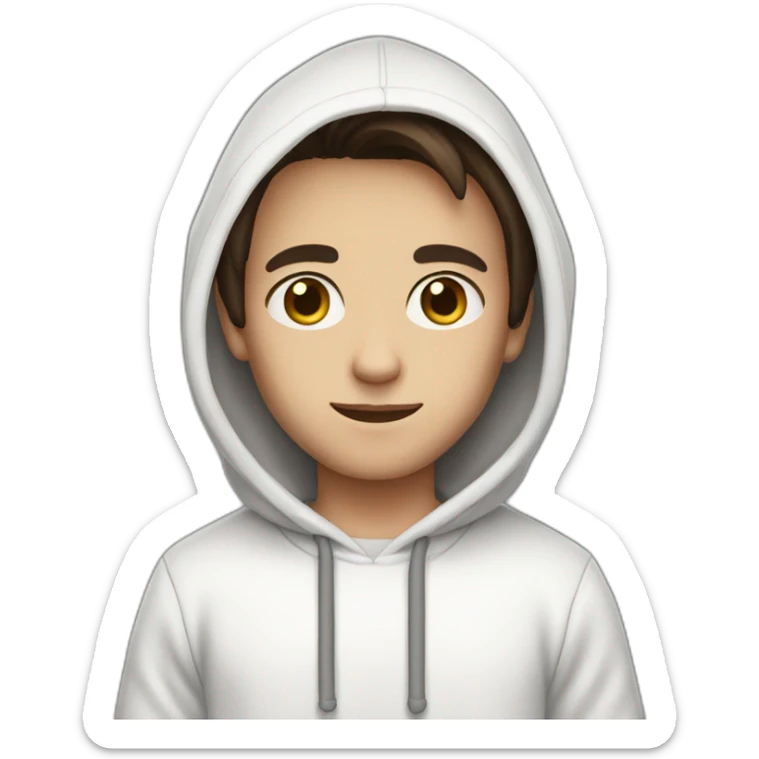 Boy with semi-long semi-dark brown hair with a white hoodie and black eyes sticker