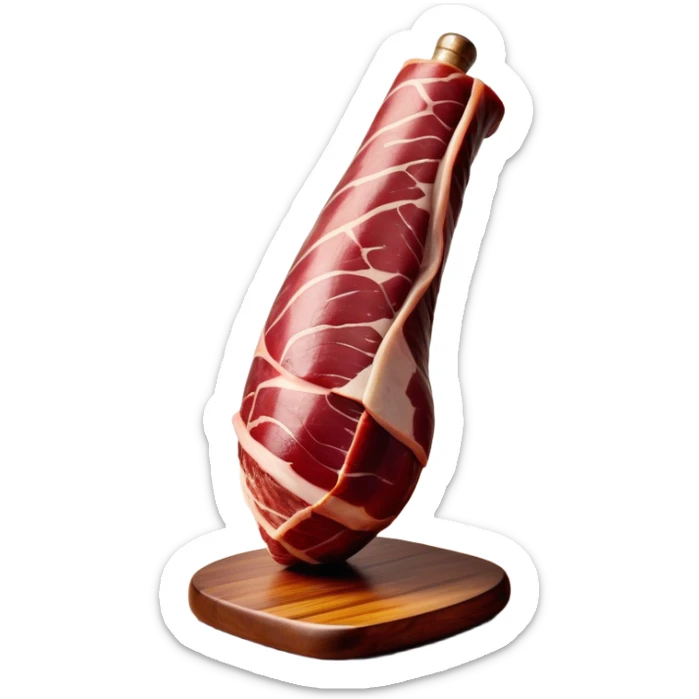 ​Cinematic Realistic Spanish Jamón Leg, depicted as a massive, cured leg of Jamón serrano with a deep reddish-brown hue, intricately marbled and slightly glossy with age, elegantly displayed on a rustic wooden stand and bathed in warm, soft lighting that accentuates its artisanal heritage, sticker