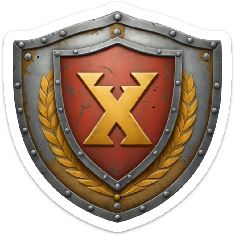 a battle worn steel shield with engraved roman numerals XXX, the roman numerals should be prominent and in the center of the shield sticker