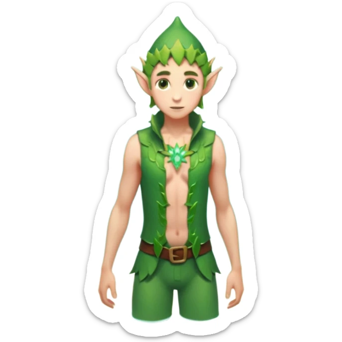 elf male wading in shallow tide pool, palm emitting soft green light to heal glowing coral, practical open vest over bare chest, determined gaze, pointy ears, vibrant underwater plants, centered emoji, nature guardian summer sticker