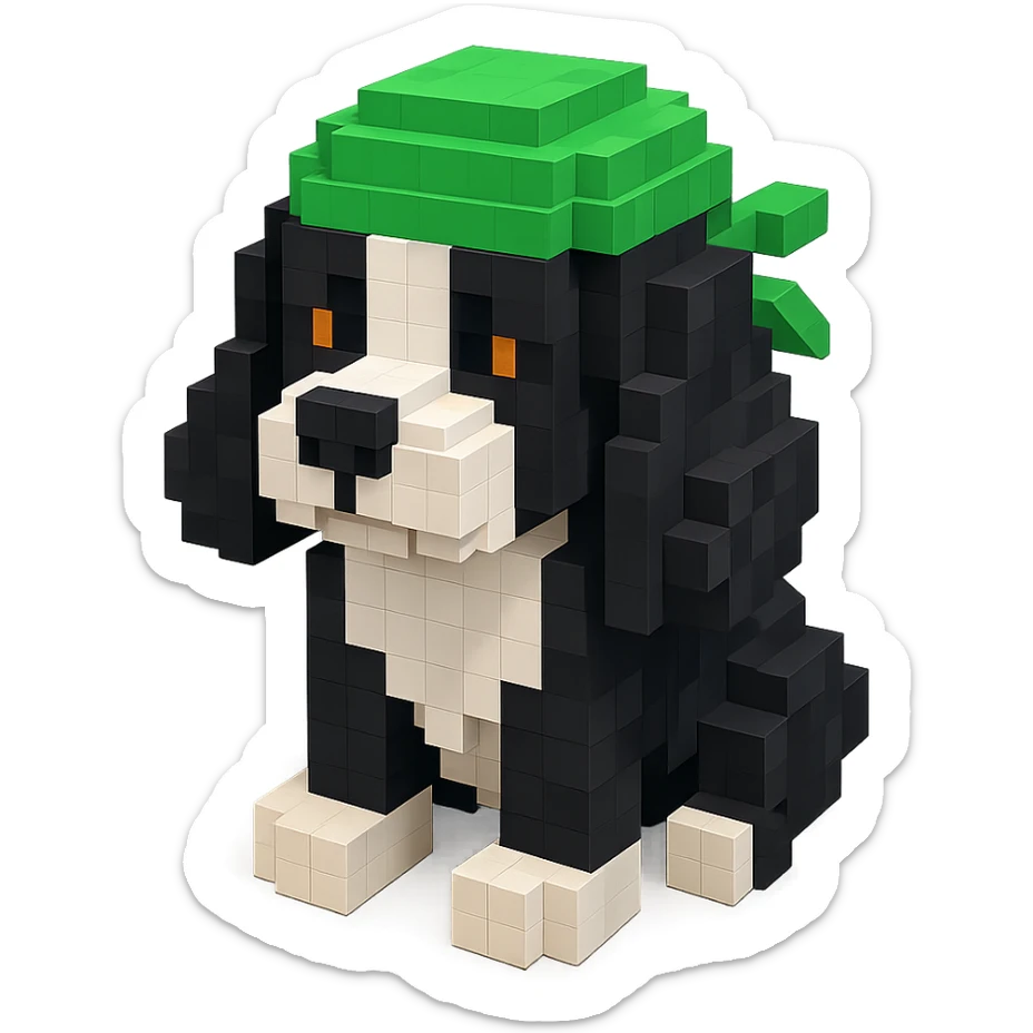 A black and white Russian Cocker Spaniel puppy wearing a green durag, voxel style, sitting sticker