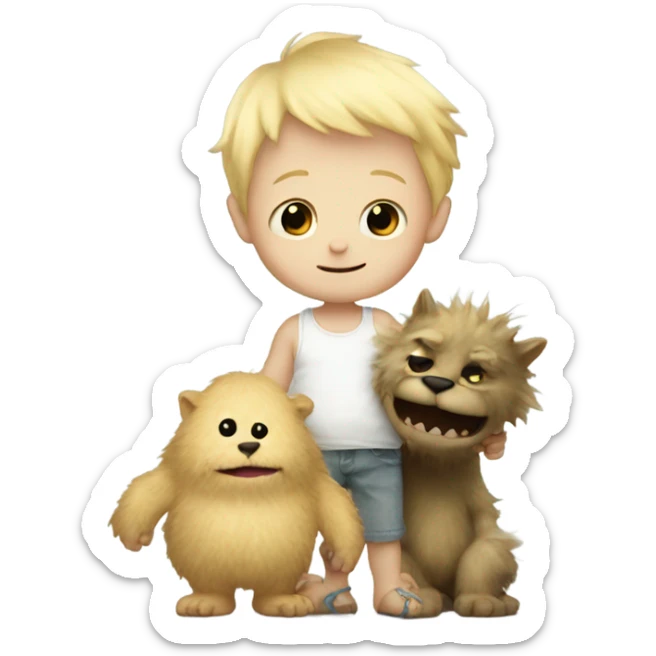 Little blonde baby boy holding the hand a giant furry monster sticker
