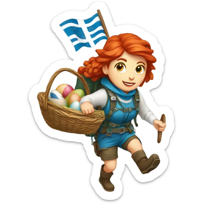 red hair female winter mountaineer climbing with Easter eggsbasket and Greek flag sticker