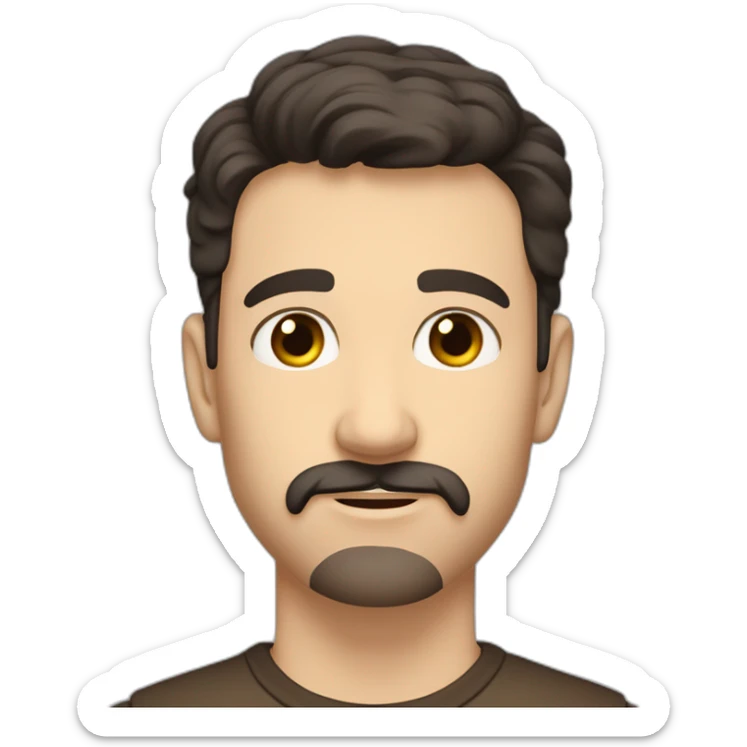 A young Caucasian man with dark brown, almond-shaped eyes, short dark brown hair, and a small dark brown beard with a more prominent mustache. sticker