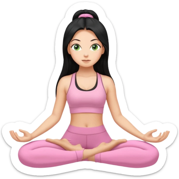 Tan Girl with super long black hair with light green eyes doing yoga with light pink clothes sticker