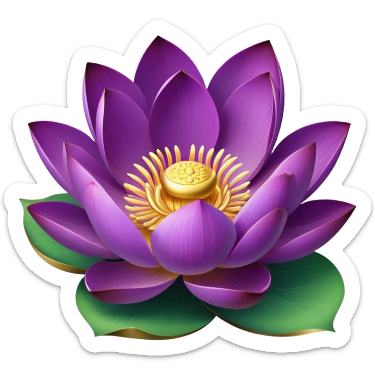 Elegant purple lotus flower with rich violet petals and golden center, accompanied by botanically accurate lotus leaf with distinctive notch and upturned edges sticker