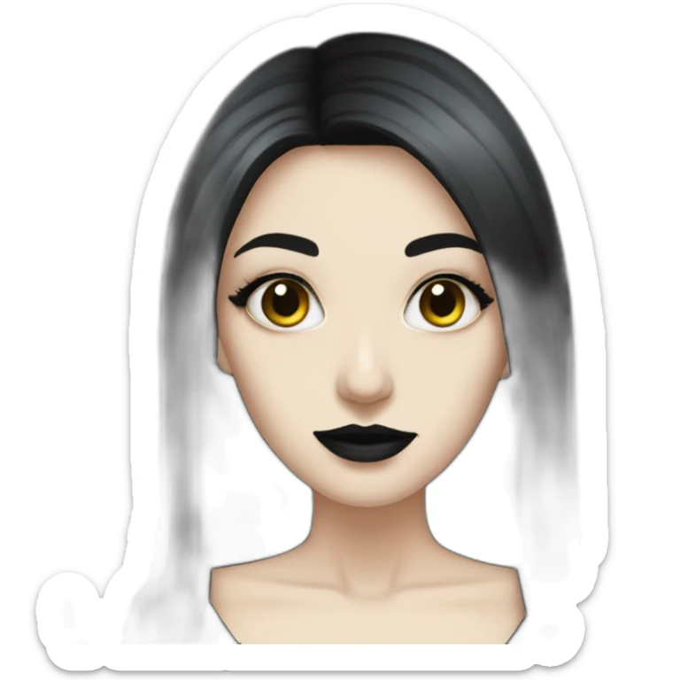 pale woman with long dark hair and gothic makeup wearing open black dress sticker