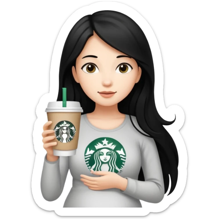 A young girl with long black hair, reaching up to her belly, holds a cup of Starbucks coffee.
 sticker