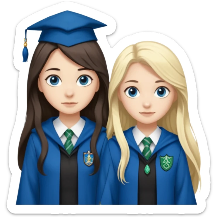 a pretty ravenclaw girl with long dark brown hair and blue eyes standing with a pretty Slytherin girl with long blonde hair, blue eyes sticker