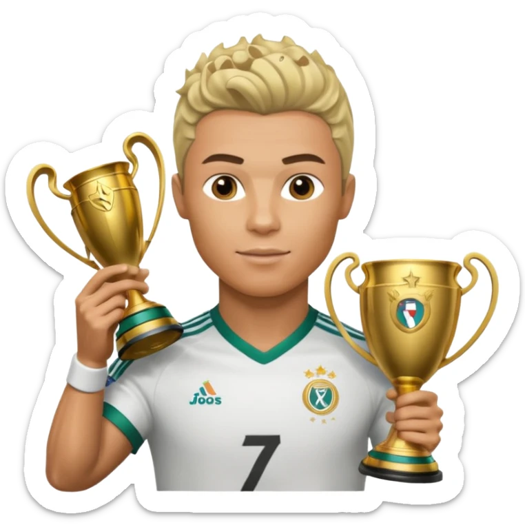 Cristiano Ronaldo holfing the champions league with noodle hair a bit longer noodle hair with a bit of blonde highlights and tge hair xoming down a bit sticker