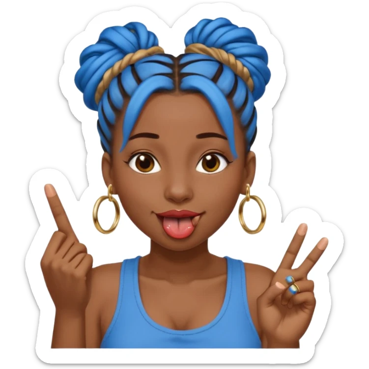 brown girl with blue locs in a bun with tongue out giving middle finger sticker