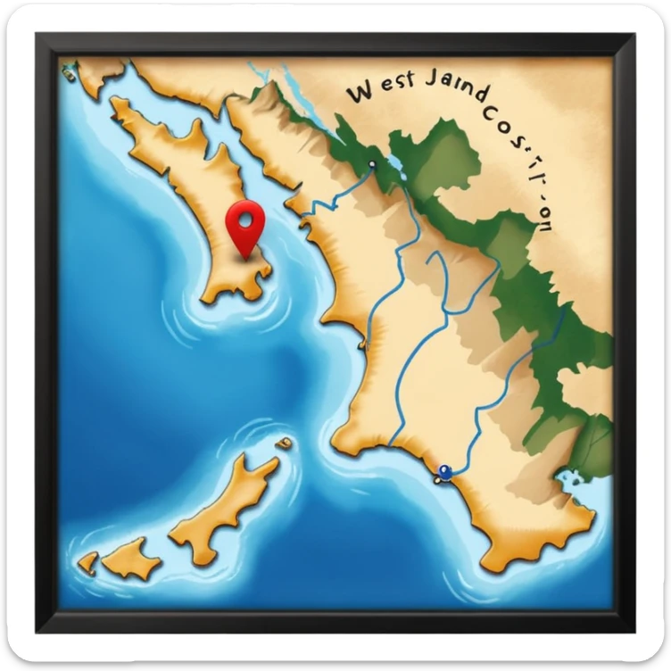 like the last one but more locaters on a wider range of map - west coast of south island nz sticker