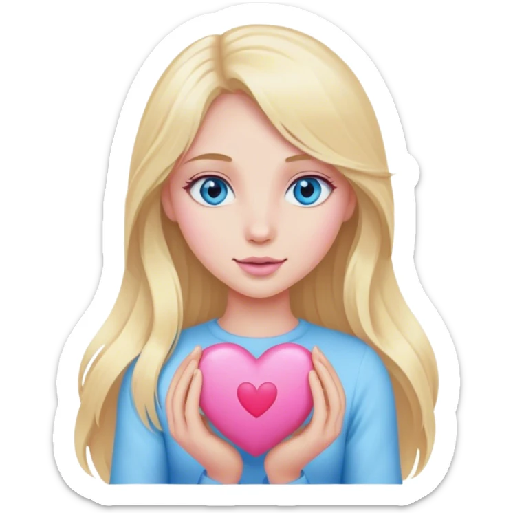 Cinematic realistic blonde with long hair and blue eyes and a pink heart sticker