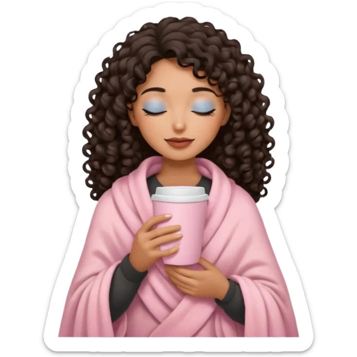 hispanic woman, brown skin, black long 3b curls, closed eyes, feminine face, holding soft pink coffee cup with beige blanket over shoulders sticker