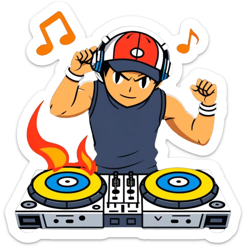 Hot handsomeb muscular 6ft tall ash ketchum being a  dj and his music is on fire while face to face with a dancing dude sticker