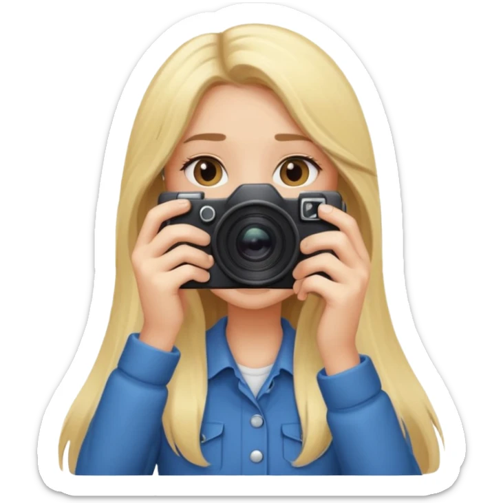 blonde girl photographer cartoon taking picture in middle of taking picture camera in front of face long hair sticker