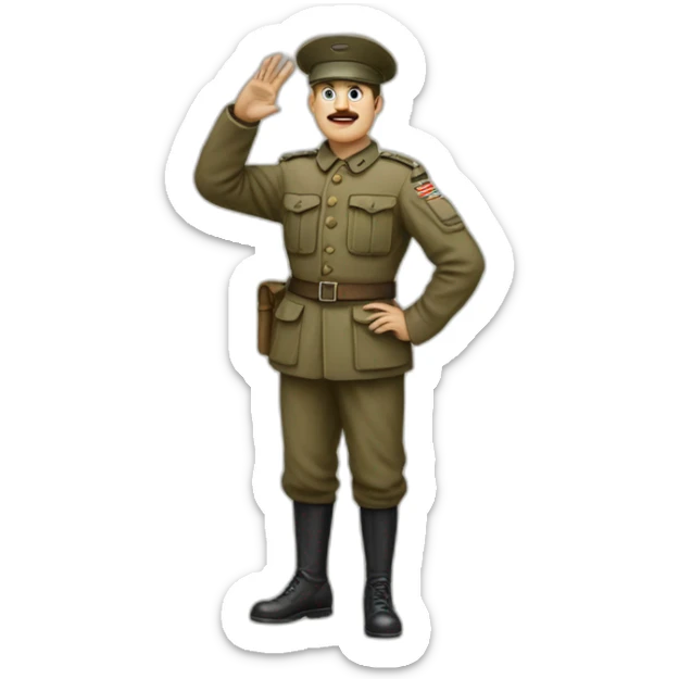 A man in a soldier suit from world war one raising their right hand vertically to around 45 degrees. His arm is stretched out, not bent at all. and his face is shown sticker