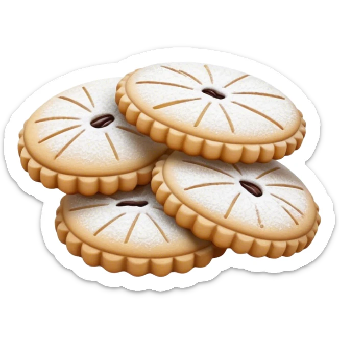 Ma'amoul Cinematic Realistic Ma'amoul Dessert Emoji, depicted as one or two delicate, date-filled cookies lightly dusted with powdered sugar, rendered with intricate textures and warm, inviting lighting. sticker