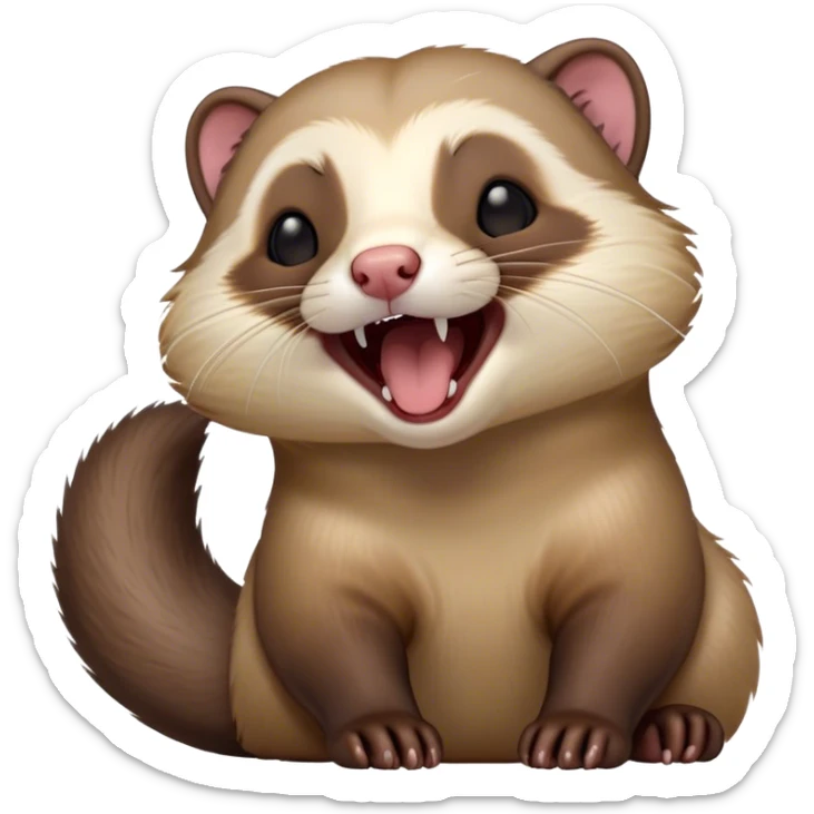 Cinematic Cute Yawning sable ferret Portrait Emoji, Head tilted slightly with an exaggerated, wide-open yawn, showcasing a long, flexible body with a plush fur in soft brown and cream, droopy, drowsy eyes, and a relaxed expression, Simplified yet irresistibly endearing features, highly detailed, glowing with a soft, cozy natural glow, high shine, relaxed yet expressive, stylized with a dash of whimsical charm, soft glowing outline, capturing the essence of a sleepy yet affectionate sable ferret that seems ready to curl up for a nap! sticker