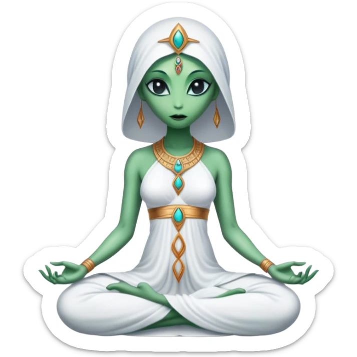 a Reptilian alien woman,in meditation, white dress like a priestess sticker