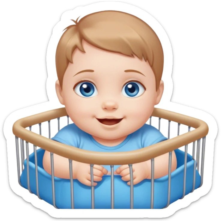 Blue-eyed baby girl with short light brown hair, chubby, mischievous smile in playpen  sticker