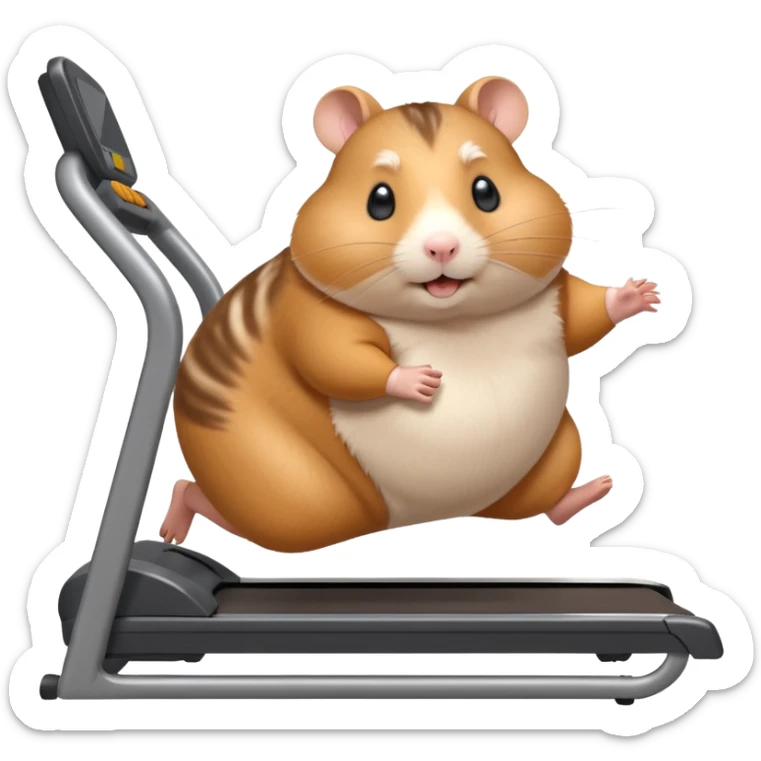 fat hamster big belly trying to run on treadmill sideways desperately trying to catch up with speed sticker