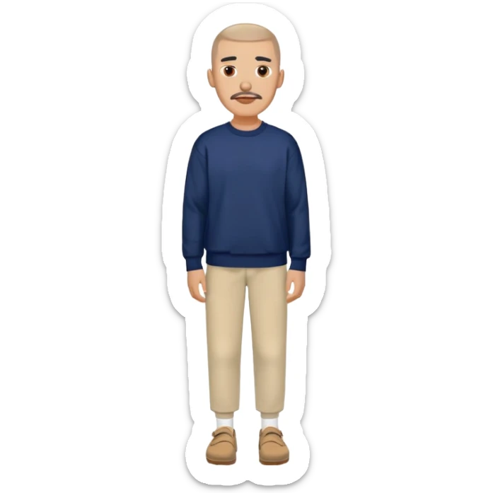 Un homme avec une buzz cut , un bouc une moustache des yeux marrons une boucle d’oreille. Habillé avec un sweat bleu marine et un pantalon blanc et des birk beige  sticker