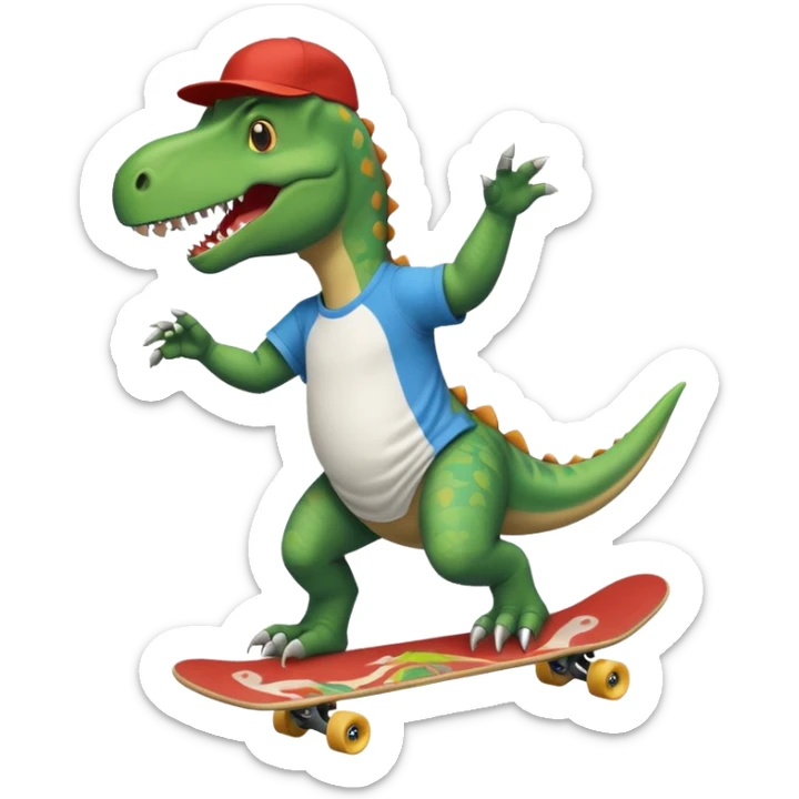 Dinosaur skateboarding at the skate park wearing a t-shirt and doing six seven and dancing sticker