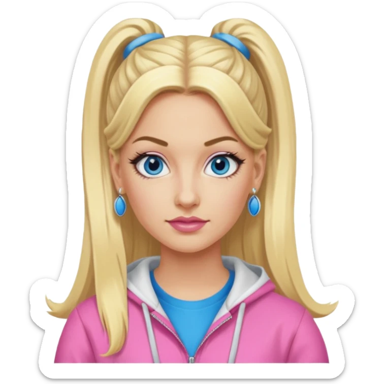 Me Julie from Ali G Indahouse with blue eyes, blonde long ponytail hair, pink outfit sticker